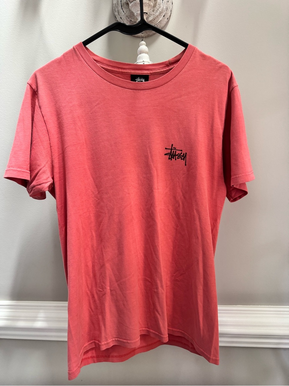 Stussy Coral pomegranate tomato red Pink Crewneck Tee with Chest Logo large back